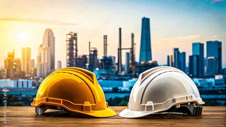 Construction Helmets with City Skyline – Safety & Engineering Construction Helmets with City Skyline – Safety & Engineering